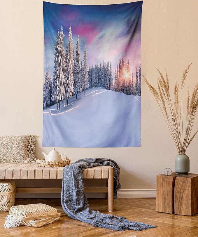Ambesonne Winter Tapestry Queen Size, Idyllic Panorama of Winter Sunrise in Snow Covered Mountains Serenity Freshness, Wall Hanging Bedspread Bed Cover Wall Decor, 88" X 88", Pastel Lavender
