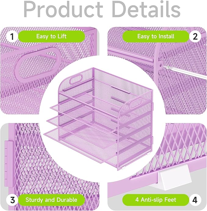 5 Tier Paper Organizer with Handle, Metal Mesh Desk Organizer File Folder Paper Letter Tray Desktop Document Sorter for Classroom, School, Office Accessories Organization and Storage - Purple