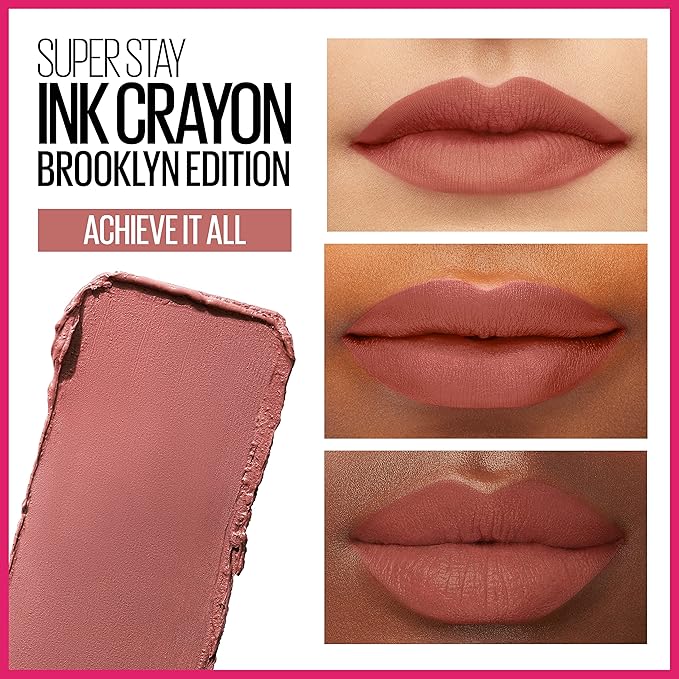 Maybelline Super Stay Ink Crayon Lipstick Makeup, Precision Tip Matte Lip Crayon with Built-in Sharpener, Longwear Up To 8Hrs, Achieve It All, Brown Nude, 1 Count