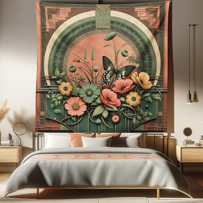 Ambesonne Boho Tapestry Queen Size, Traditional Japanese Ornaments with Floral Balcony with Butterfly Spring, Wall Hanging Bedspread Bed Cover Wall Decor, 88" X 88", Dark Salmon Laurel Green