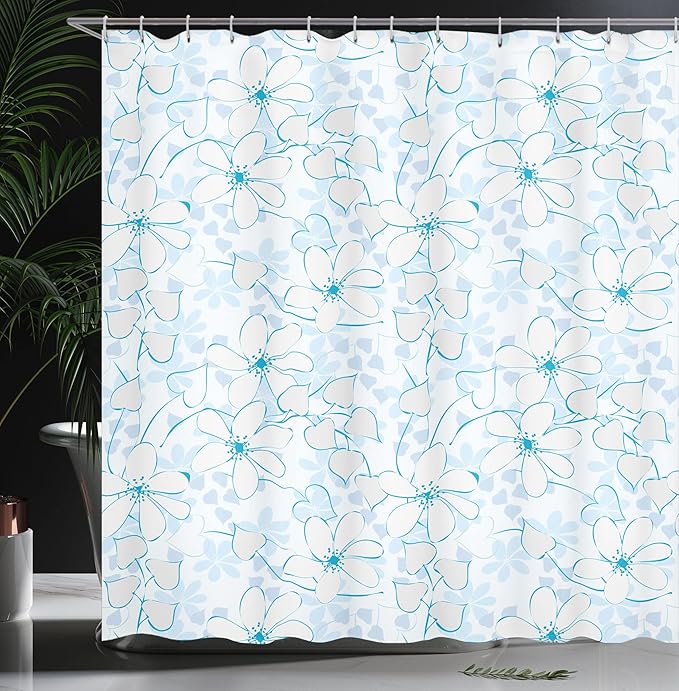Ambesonne Blue Shower Curtain, Abstract Flowers with Heart Shaped Leaves Romantic Fresh Beauty in Nature, Cloth Fabric Bathroom Decor Set with Hooks, 69" W x 70" L, Pale Blue Aqua White