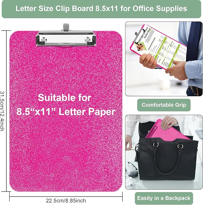 1 Pcs Clear Glitter Clipboards,Plastic Clipboard with Pen Holder,Size 8.85 x 12.4 in Shiny Clipboards with Low Profile Clip,Cute Hanging Clipboard for Office Supplies Sparkly Clip Board-Hot Pink