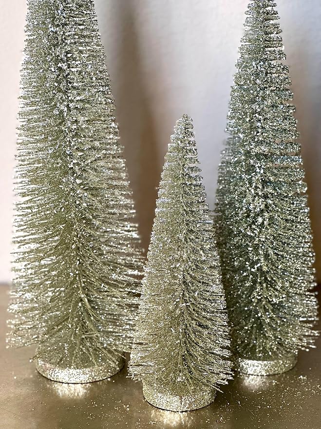 RAZ Imports Set of 3 Bottle Brush Trees – 17”, 14”, 9” Modern Christmas Holiday Winter Décor – Glittery Tabletop Mini Trees for Home Office Shelf Desk Mantel Fireplace Decoration (Champagne Green)