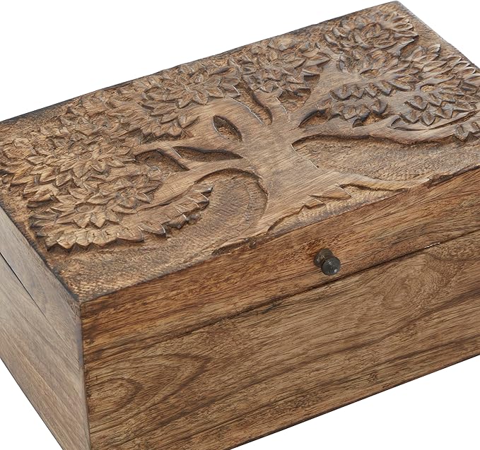 Deco 79 Mango Wood Floral Handmade Decorative Box Decorative Keepsake Boxes with Hinged Lid, Set of 3 Storage Boxes 8", 10", 12"W, Brown