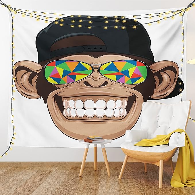 Ambesonne Cartoon Tapestry Twin Size, Fun Hipster Monkey with Colorful Sunglasses and Hat Rapper Hippie Ape Art, Wall Hanging Bedspread Bed Cover Wall Decor, 68" X 88", White Brown