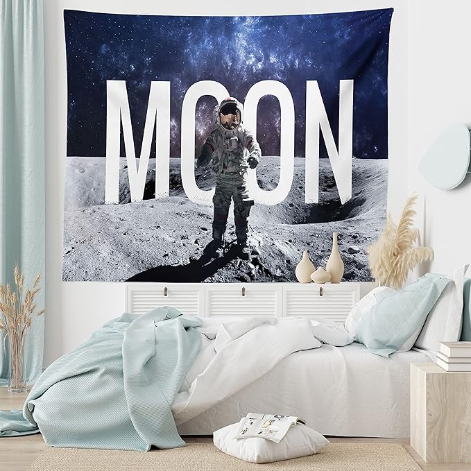 Ambesonne Outer Space Tapestry, Miniature Toy Astronaut on The Foreground of Giant Moon Big Bang Mars Print, Fabric Wall Hanging Decor for Bedroom Living Room Dorm, 28" X 23", Grey Blue