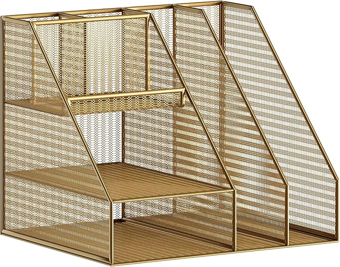 Martha Stewart Ryder Gold Mesh Metal Large Desktop Organizer with Magazine File Holder, Pen Holder, and Storage