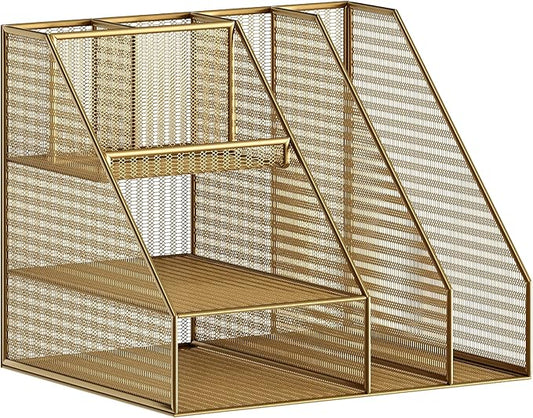 Martha Stewart Ryder Gold Mesh Metal Large Desktop Organizer with Magazine File Holder, Pen Holder, and Storage