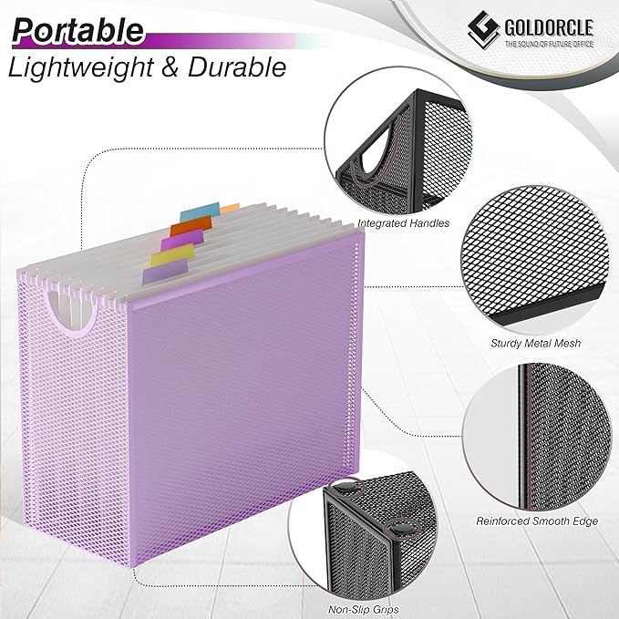 Hanging File Organizer, Letter-Size File Holder Filing Box with 5 Hanging Folders, Metal Mesh Desk File Folder Storage(No Assembly Required) (Purple, with 5 Grey Folders)