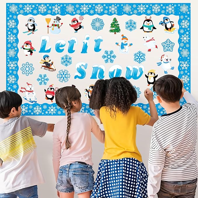 69 Pcs Winter Bulletin Board Decorations Set - Let It Snow Penguin Snowflake Cutouts Christmas Bulletin Board Border Decor for Xmas Holiday School Classroom Party Supplies