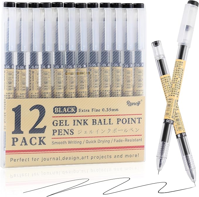 RIANCY Black Gel Ink Pens Japanese Style Stationery for Premium Journaling, 0.35mm Extra Fine Point Tip, No Smudge Japanese Ink Pens Quick Drying for Thin Notebook Paper Office School Supplies 12 Pack