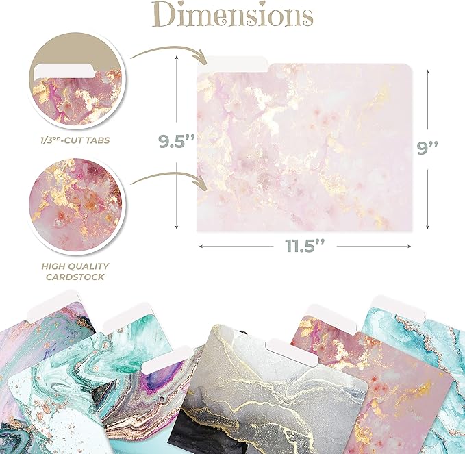 Better Office Products Decorative File Folders, 12 Pack, 6 Designs, Heavyweight, Letter Size (9.5" x 11.5") with 1/3 Cut Tab, Marble Designs, Fashion Folders
