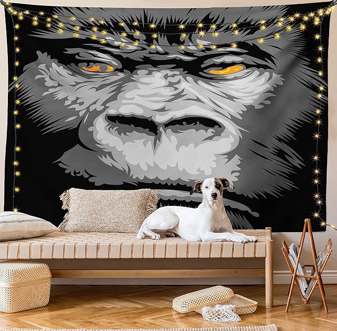 Ambesonne Modern Tapestry Queen Size, Close up Gorilla Portrait with Orange Eyes Zoo Jungle Animal Wild Money Graphic, Wall Hanging Bedspread Bed Cover Wall Decor, 88" X 88", Grey Marigold