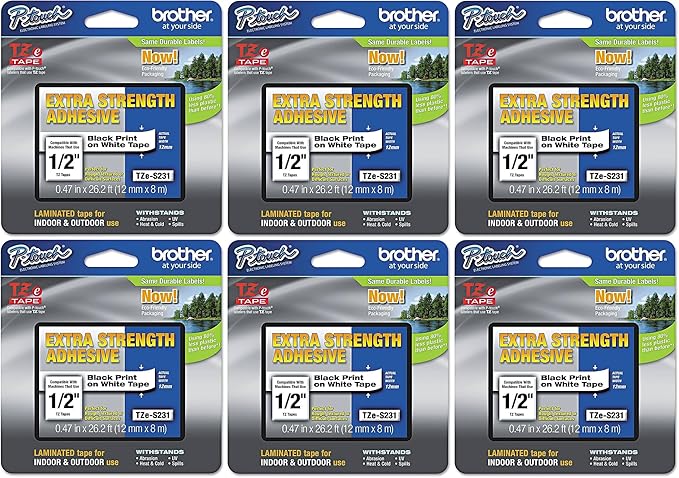 Brother Genuine P-Touch 6-Pack TZe-S231 Laminated Tape, Black Print on White Extra Strength Adhesive Laminated Tape for P-Touch Label Makers, Each Roll is 0.47"/12mm (~ 1/2") Wide, 26.2 ft. (8M) Long