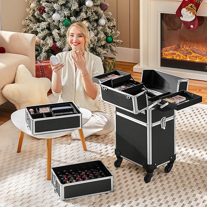 Yaheetech Professional Makeup Train Case 5 in 1 Cosmetology Case on Wheels Aluminum Beauty Travel Case Rolling Cosmetic Organizers & Storage Black
