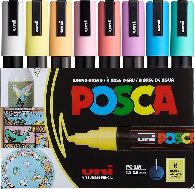 Posca Markers Set, 8 Medium Paint Markers 5M – Soft Tones – White, Sunshine Yellow, Apricot, Light Pink, Coral, Lavender, Light Blue, Aqua Green