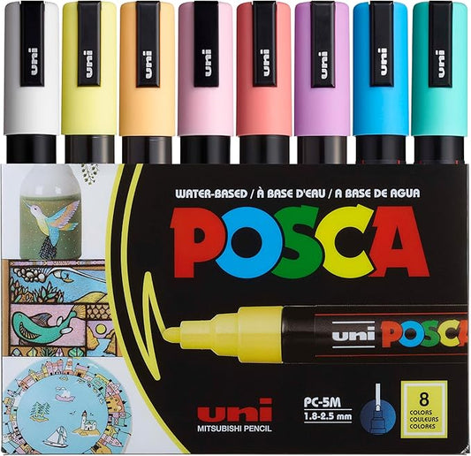 Posca Markers Set, 8 Medium Paint Markers 5M – Soft Tones – White, Sunshine Yellow, Apricot, Light Pink, Coral, Lavender, Light Blue, Aqua Green