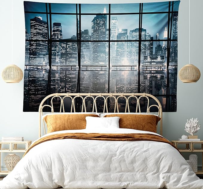 Ambesonne Modern Tapestry King Size, Modern New York City Scenery at Night with Skyscrapers Buildings Print, Wall Hanging Bedspread Bed Cover Wall Decor, 104" X 88", Black Blue