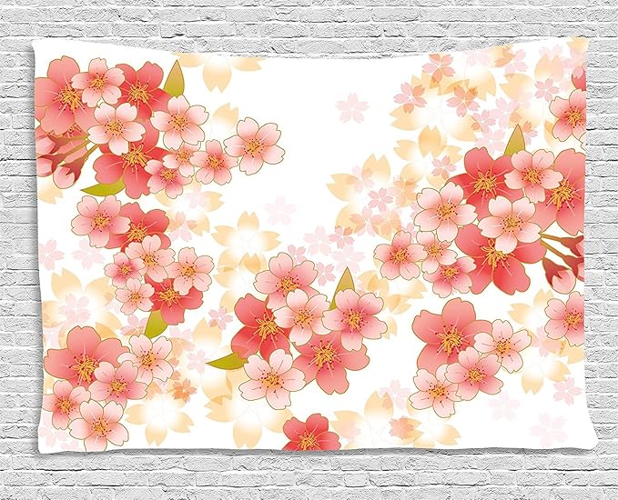 Ambesonne Floral Tapestry, Japanese Sakura Flowers Cherry Blossoms in Vibrant Colors Illustration, Wide Wall Hanging for Bedroom Living Room Dorm, 80" X 60", Coral Dark Coral Yellow