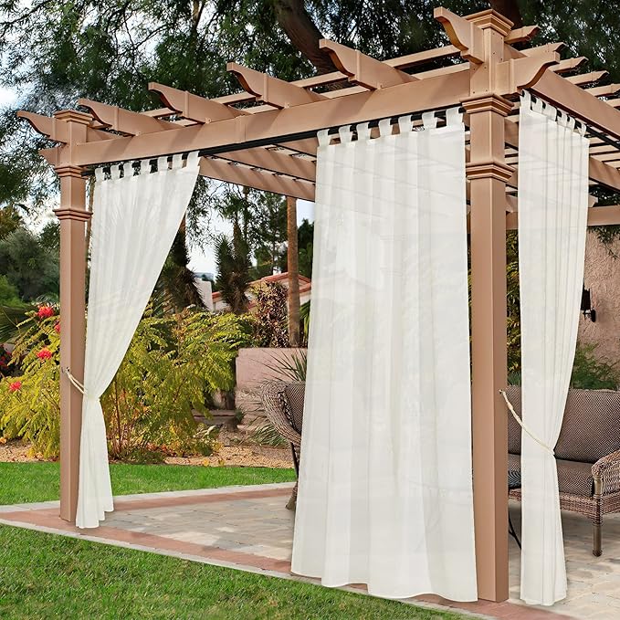 NICETOWN 2 Panels Beige Outdoor Patio Curtains Waterproof 96" Length, Detachable Self Sticky Tab Top Indoor Outdoor Voile Sheer Curtains & Drapes Light Filtering for Pergola, W54 x L96