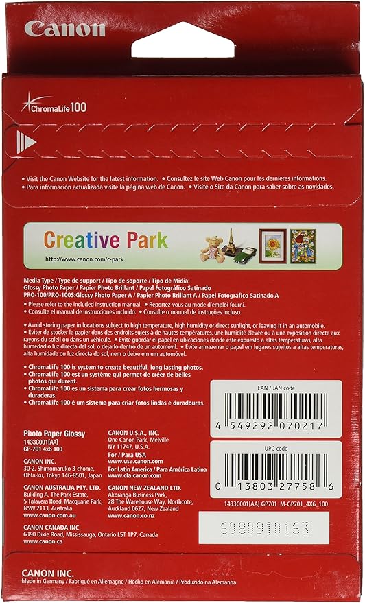 CanonInk Glossy Photo Paper 4"x 6" 100 Sheets (1433C001), Red