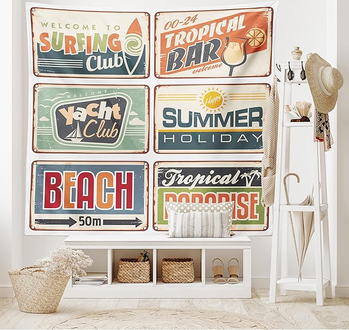 Ambesonne Retro Tapestry, Summer Holiday Vintage Camping Beach Sign Boards in Old Style Faint Colors Art Print, Wide Wall Hanging for Bedroom Living Room Dorm, 60" X 40", Cream