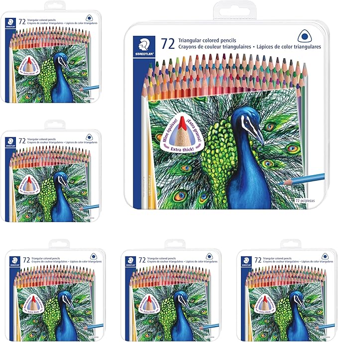 STAEDTLER Colored Pencils Set 6-Pack (6 Sets of 72 pcs) - Ergonomic Triangular Barrel, Smooth 4mm Lines, Wood - 72 Vibrant Colors in Tin, for Artists & Students, 432 Count
