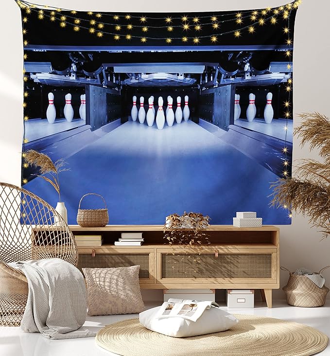 Ambesonne Bowling Party Tapestry, Symmetrical Bowling Pins on an Empty Alley Hobby Fun Challenge Theme, Fabric Wall Hanging Decor for Bedroom Living Room Dorm, 30" X 45", Blue White Red