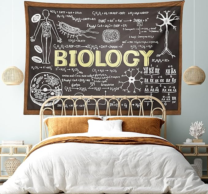 Ambesonne Science Tapestry, Black Chalkboard Biology Hand Written, Wide Wall Hanging for Bedroom Living Room Dorm, 80" X 60", Black Brown Pale Yellow