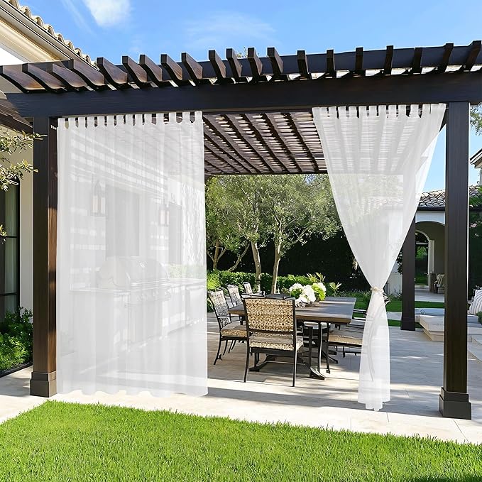NICETOWN 2 Panels Outdoor Curtains for Patio, 100 inch Wide Lightweight Tab Top Waterproof Soft Voile Sheer Drapes Airy with Light Filtering Quick Dry for Pergola, Sliding Door, W100 x L108, White