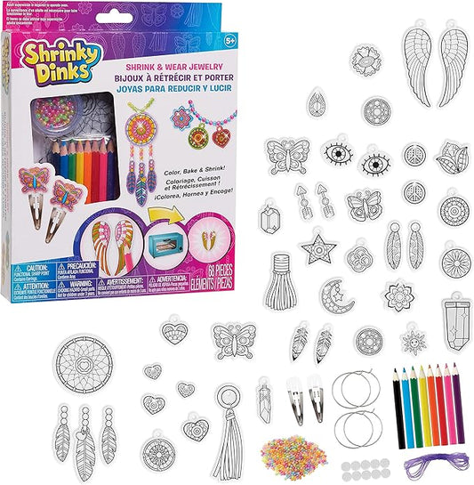 Just Play Shrinky Dinks 68-piece Jewelry Kit, Includes Beads, Barrettes, Elastic String and Earring Hoops, Easter Basket Fillers, Gifts, Presents, Kids Toys for Ages 5 Up