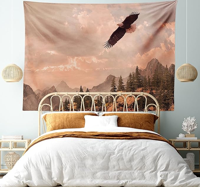 Ambesonne Eagle Tapestry King Size, Nature Photography of Rocky Mountains and Forest a Bird Flying over It, Wall Hanging Bedspread Bed Cover Wall Decor, 104" X 88", Rose Green