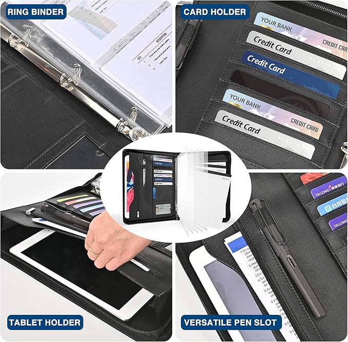 3-Ring Padfolio Portfolio Binder Organizer,PU Leather Folder Binder Business Planner Notebook Zippered Portfolio for Women/Men with Document Sleeve,Letter/A4 Size Clipboard