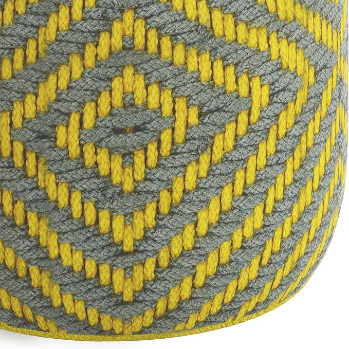 SIMPLIHOME Kent Boho Round Woven Outdoor/ Indoor Pouf in Grey and Yellow Recycled PET Polyester for the Living Room, Bedroom and Kids Room
