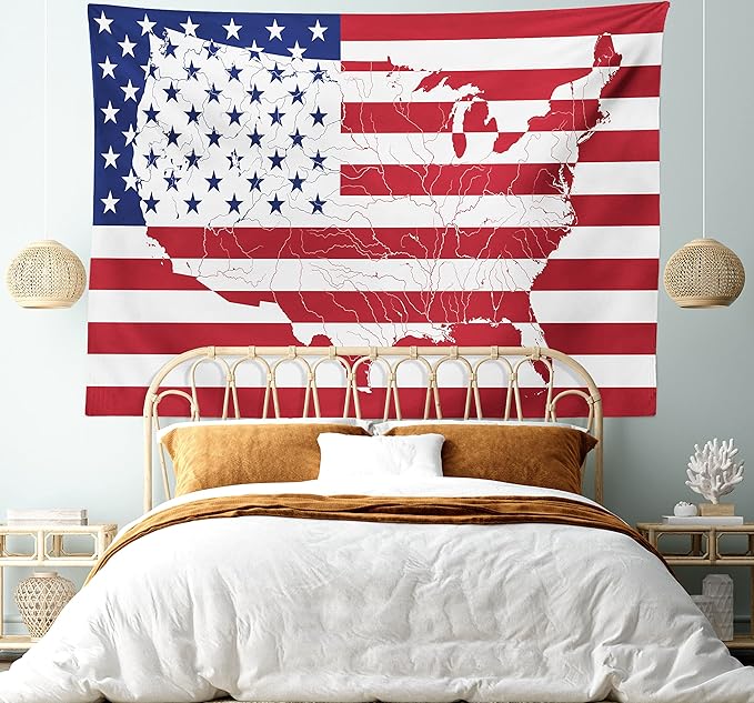 Ambesonne American Flag Tapestry, America Continent Shaped Flag Martial Design International World Glory Print, Fabric Wall Hanging Decor for Bedroom Living Room Dorm, 45" X 30", Indigo Red