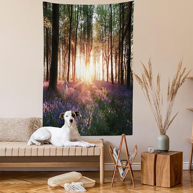 Ambesonne Forest Tapestry Queen Size, Bluebell Woods Sunrise with White Rabbit Sunny Spring Day in Woodland, Wall Hanging Bedspread Bed Cover Wall Decor, 88" X 88", Purple Green