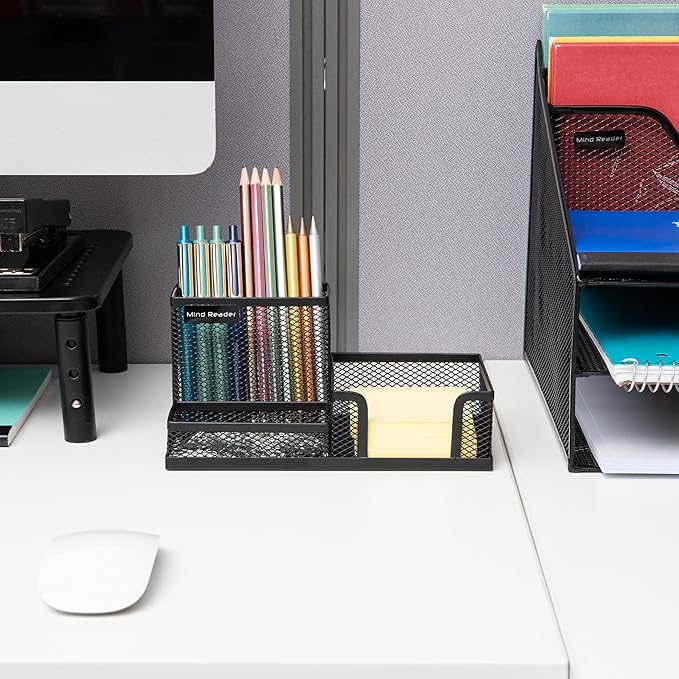 Mind Reader Desktop Organizer, Pen Holder, Clip Basket, Storage, Office, Metal Mesh, 8.07"L x 4.13"W x 3.94"H, Black