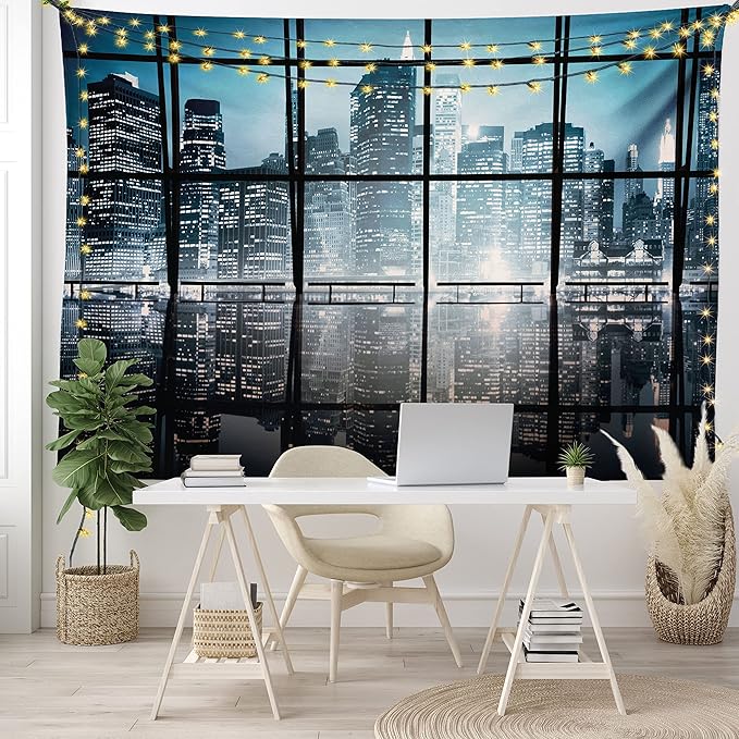Ambesonne Modern Tapestry King Size, Modern New York City Scenery at Night with Skyscrapers Buildings Print, Wall Hanging Bedspread Bed Cover Wall Decor, 104" X 88", Black Blue