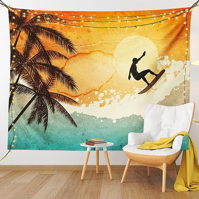 Ambesonne Grunge Tapestry, Illustration of Tropical Island Surfer on Sea Waves and Palms at Sunset, Wide Wall Hanging for Bedroom Living Room Dorm, 60" X 40", Orange Turquoise Black