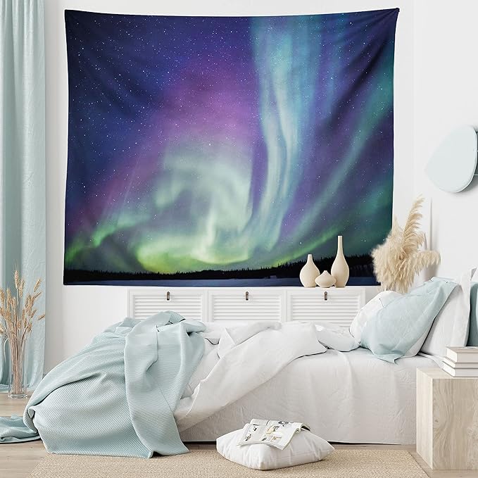 Ambesonne Aurora Borealis Tapestry, Exquisite Atmosphere Solar Starry Sky Calming Night Image, Fabric Wall Hanging Decor for Bedroom Living Room Dorm, 45" X 30", Dark Blue Mint Green