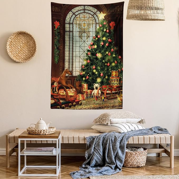 Ambesonne Christmas Tapestry Twin Size, Vintage Ambiance Big Old Fashioned Window Xmas Tree Various Presents, Wall Hanging Bedspread Bed Cover Wall Decor, Twin Size, Brown Red Green