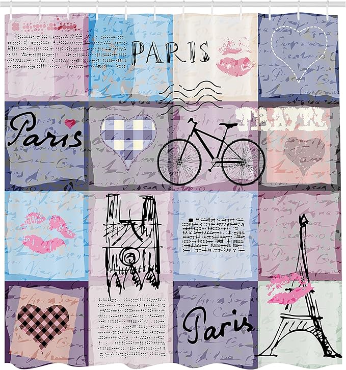 Ambesonne Paris Shower Curtain, Grunge Textured Retro Collage of France Famous Object Eiffel Tower Europe Theme, Cloth Fabric Bathroom Decor Set with Hooks, 69" W x 70" L, Multicolor Lilac