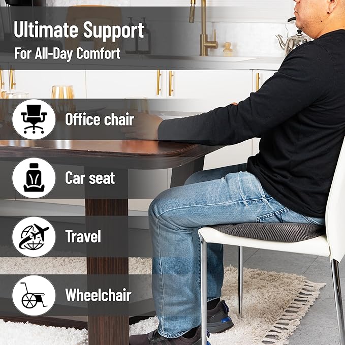Mind Reader Memory Foam Seat Cushion with Air-Cloud Technology, Sciatica, Coccyx & Hip Pain Relief, Office, Memory Foam, Gray