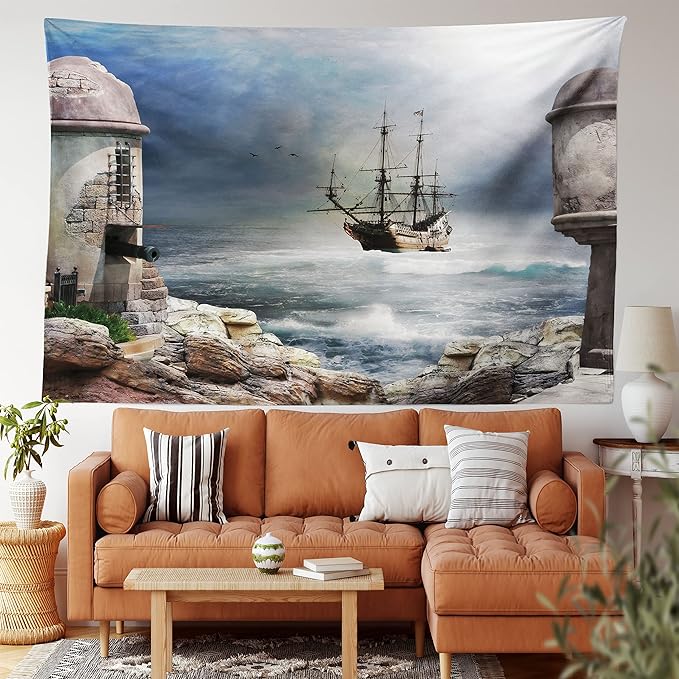 Ambesonne Sailboat Tapestry, Pirate Merchant Shipnchored in the Bay of Fortbandoned Rockst Shore, Fabric Wall Hanging Decor for Bedroom Living Room Dorm, 45" X 30", Pale Muave Beige