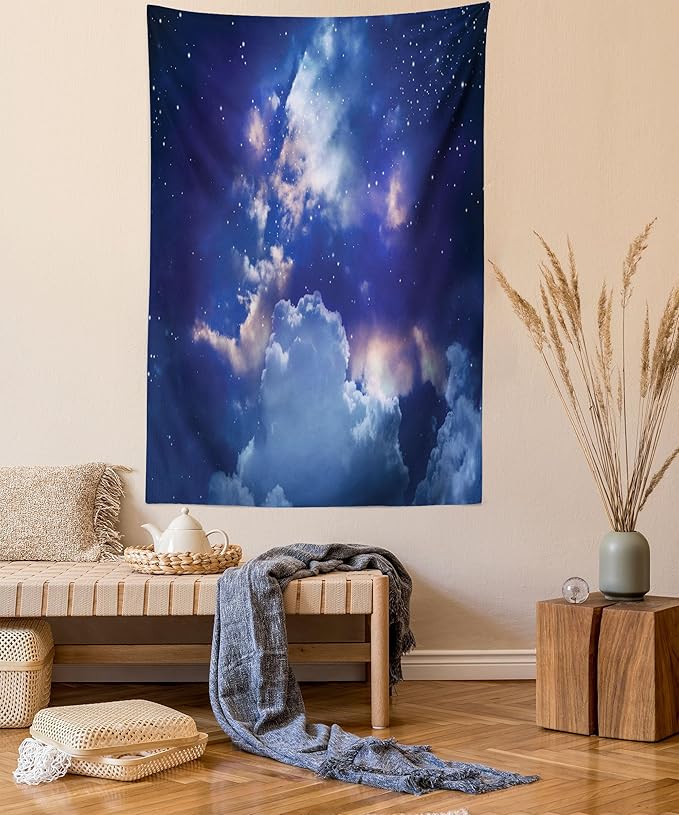 Ambesonne Space Tapestry, Magic Sky View with Star and Clouds Celestial Colorful World Cosmic Expanse Theme, Fabric Wall Hanging Decor for Bedroom Living Room Dorm, 30" X 45", White and Blue