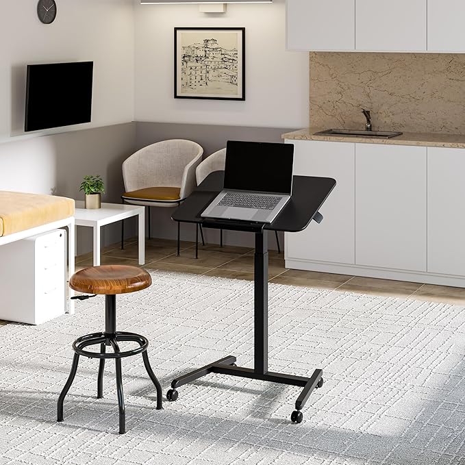 Seville Classics Airlift Height Adjustable Pneumatic Laptop Sit Stand Desk Mobile Rolling Cart, Computer Workstation for Home Office, Classroom, Black, 25.6" Tilting Desktop