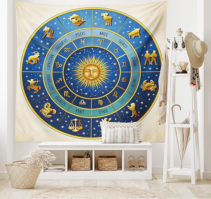 Ambesonne Astrology Tapestry, Wheel of Astrological Signs Names Dates Moon Sun in Middle, Fabric Wall Hanging Decor for Bedroom Living Room Dorm, 30" X 45", Blue Yellow and Cream