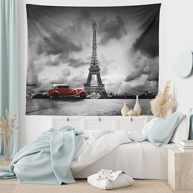 Ambesonne Eiffel Tower Tapestry, Image of Eiffel Tower Paris France Vintage Car Street Dark Clouds, Fabric Wall Hanging Decor for Bedroom Living Room Dorm, 45" X 30", Black Red