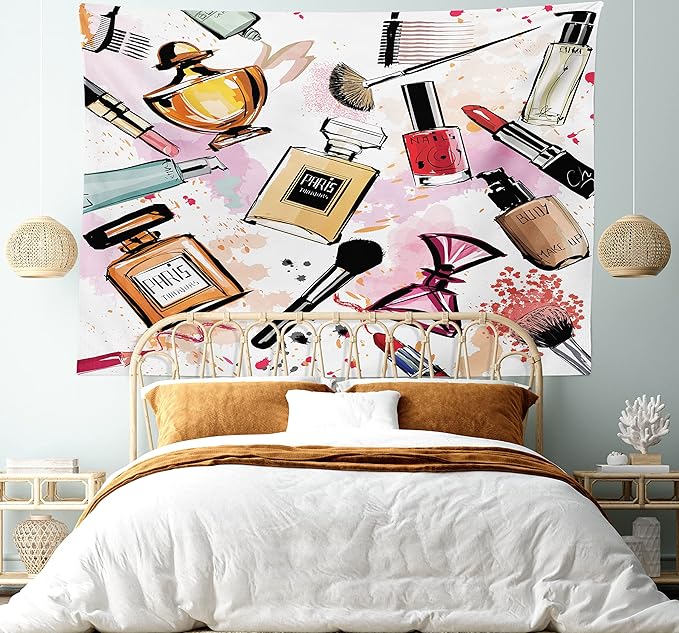 Ambesonne Fashion Tapestry, Cosmetic and Makeup Theme Pattern Perfume Lipstick Nail Polish Brush Modern, Fabric Wall Hanging Decor for Bedroom Living Room Dorm, 28" X 23", Coral White