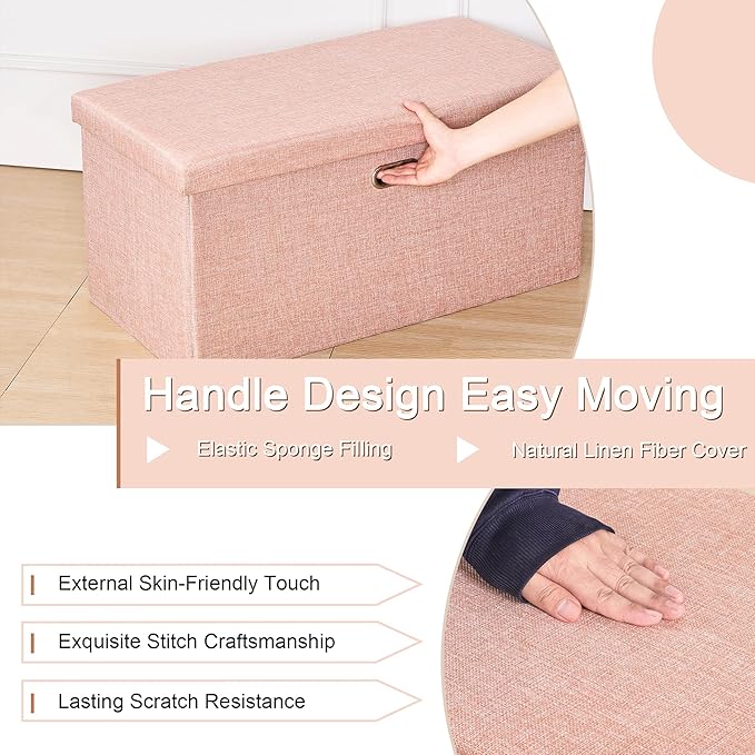 VECELO 30'' Folding Storage Ottoman Bench, End of Bed Linen Fabric Foot Rest Stool with Padded Seat, Large Footstools for Bedroom, Living Room, Load 550 lb, Pink